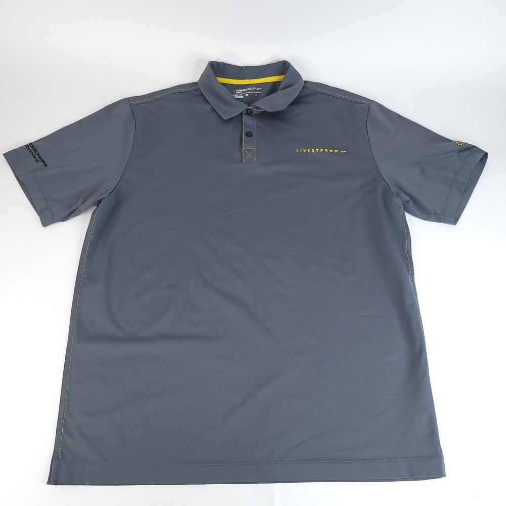 Nike Livestrong Polo‎ Shirt Mens Large Grey with Yellow Stitch Logo Sleeve Logos